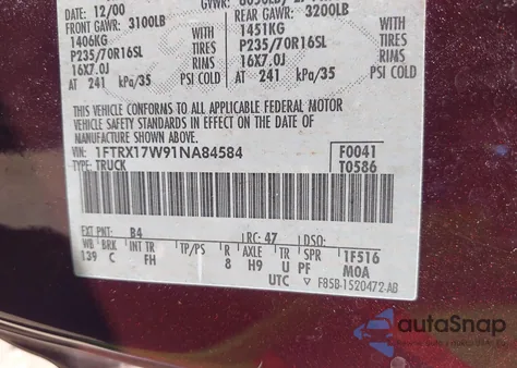 2001 Ford F-150 Lariat/Xl/Xlt из США, поврежденный, VIN 1FTRX17W91NA84584